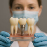 Women holding an implant model with both her hands, dental office