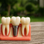 Implant model on a wooden deck outside, nature in the background, blurred